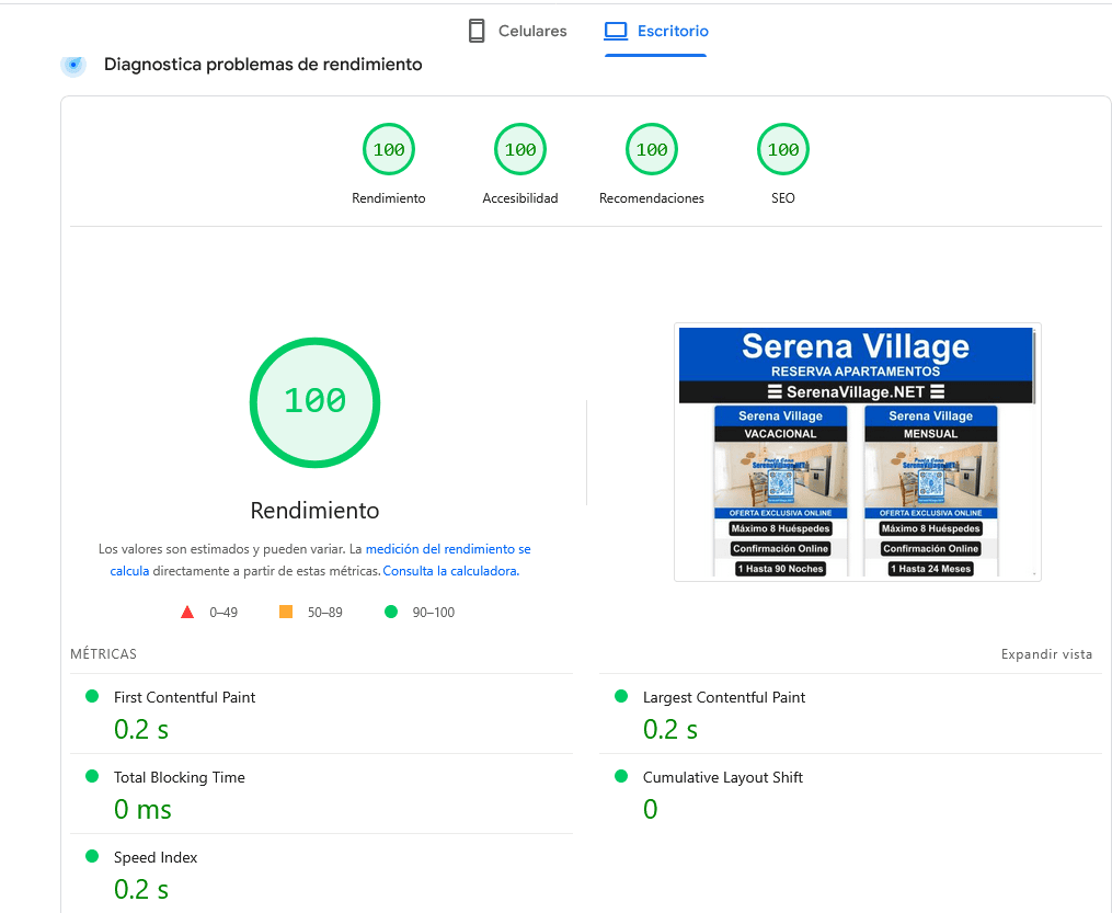 Google PageSpeed ​​- Performance Diagnostic Result 100/100 for SEO and Server Speed ​​of the website serenavillage.net