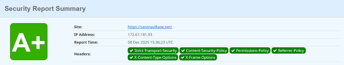 Security Headers - Server Headers Security Grade A+ for the serenavillage.net website